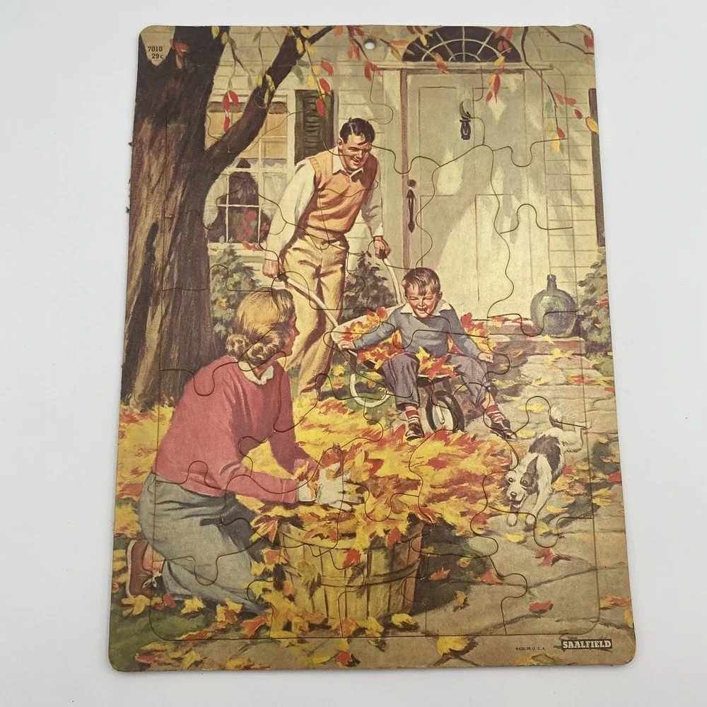 Vintage Rare Saalfield Fall Leaves Family Dog Frame Tray Puzzle 7010 14